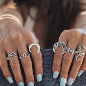*JUSTINE* 6-Pc Silver x Turquoise x Ocean Fashion Ring Set